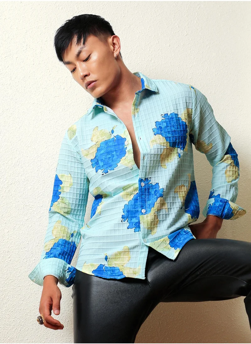 Campus Sutra Men's Light Blue Hydrangea Foliage Shirt