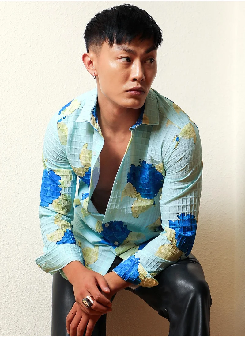Campus Sutra Men's Light Blue Hydrangea Foliage Shirt