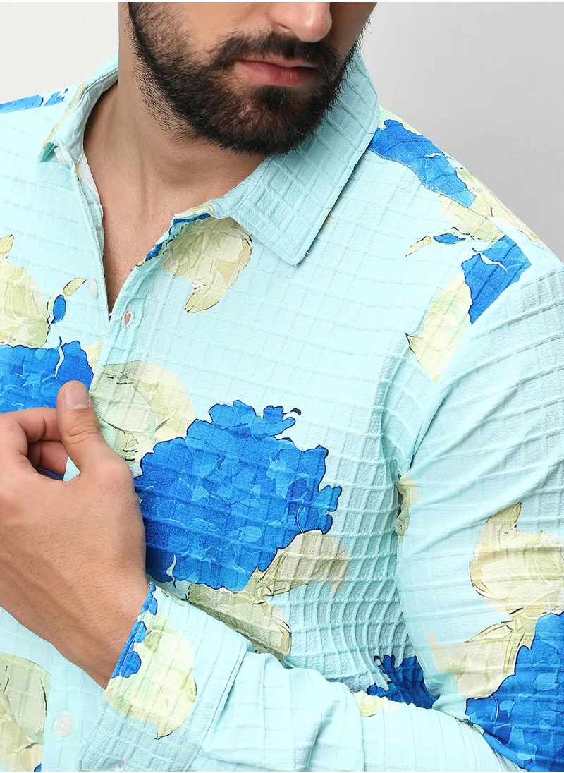 Campus Sutra Men's Light Blue Hydrangea Foliage Shirt