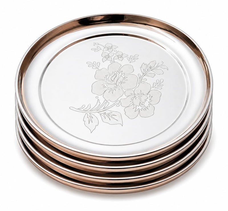 KC Stainless Steel Laser Design Dinner Plate Set of 4 (Full Size Plate Diamm. 29.5 CM with Floral Design) - Image 1