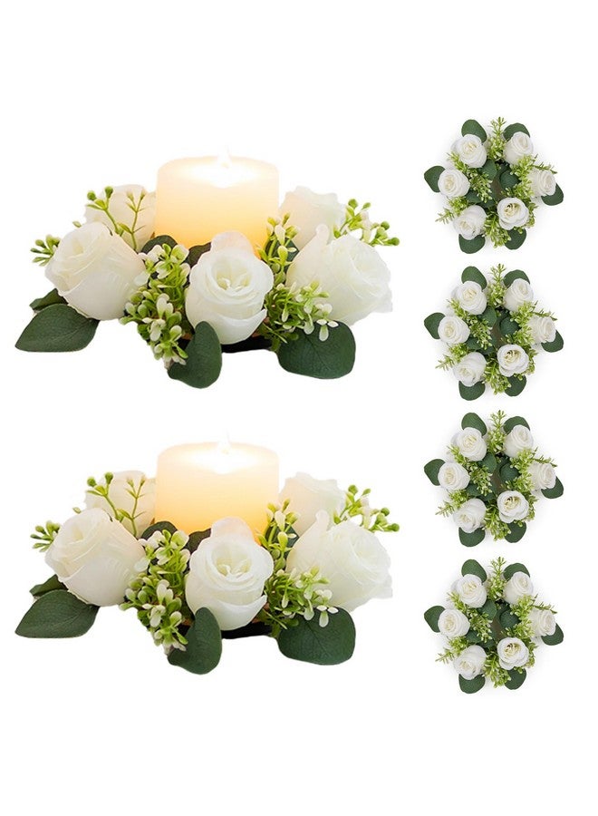 NUPTIO Small Candle Rings Wreaths - 6 Pcs 2.9 inch Inner Diam White Fake Roses Artificial Flowers Wedding Centerpieces for Tables Spring Summer Wreath for Front Door Weddings Bouquet Party Decor - Image 1
