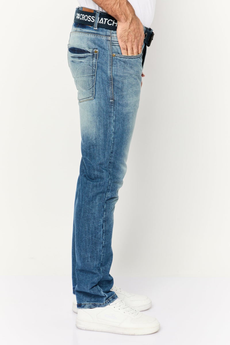 CROSSHATCH جينز رجالي بقصة مستقيمة مغسول بدون مرونة مع حزام، أزرق داكن - Image 3