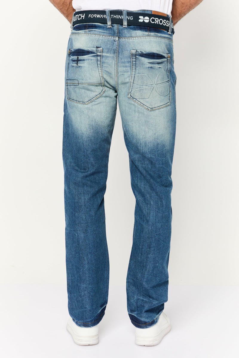 CROSSHATCH جينز رجالي بقصة مستقيمة مغسول بدون مرونة مع حزام، أزرق داكن - Image 4