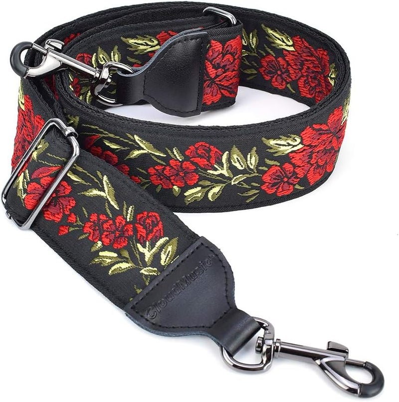 CLOUDMUSIC Banjo Strap Guitar Strap For Handbag Purse Jacquard Woven With Leather Ends And Metal Clips(Red Roses) - Image 1