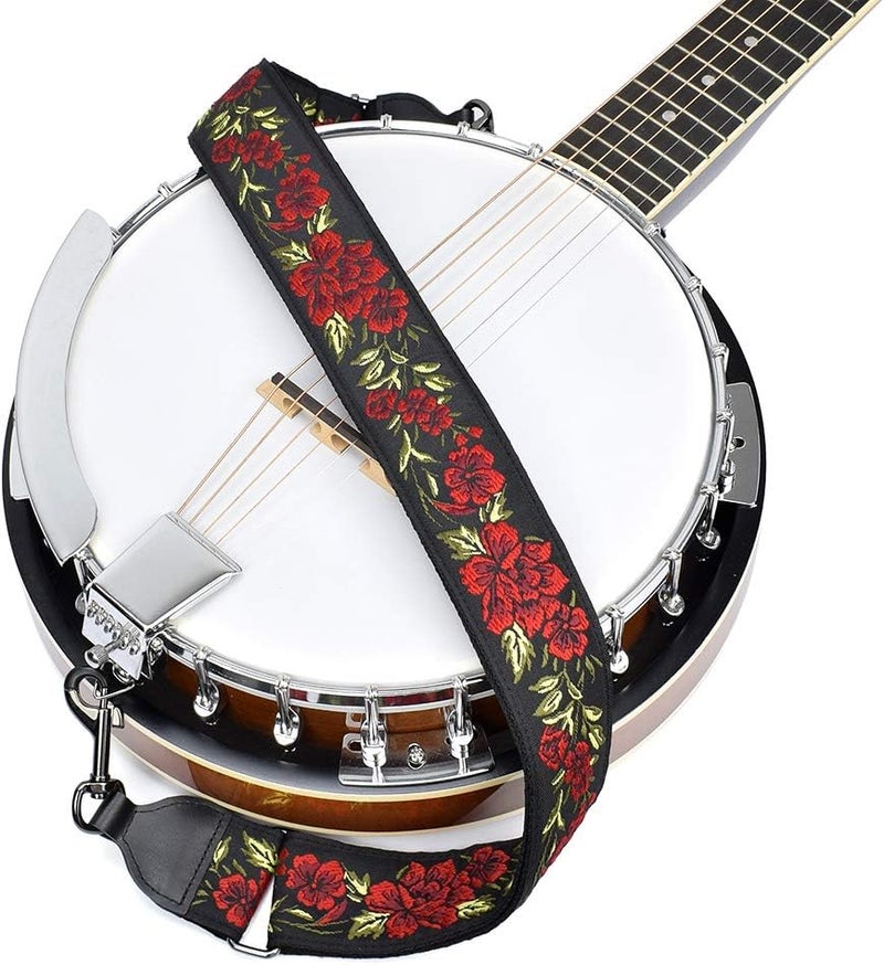 CLOUDMUSIC Banjo Strap Guitar Strap For Handbag Purse Jacquard Woven With Leather Ends And Metal Clips(Red Roses) - Image 2