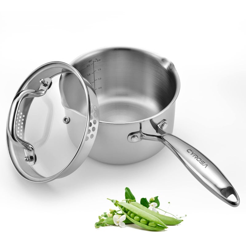 Cyrosa Stainless Steel Saucepan with Glass Lid, 2.0 Quart Multipurpose Sauce Pan, Sauce Pot with for Easy Pour with Ergonomic Handle - Image 1