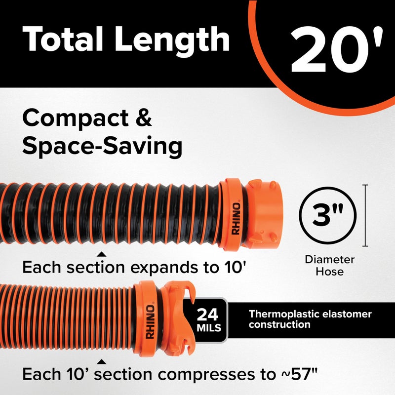 Camco RhinoEXTREME 20' RV Sewer Hose Kit â€“ Premium Sewer Kit â€” Pre-Assembled & Ready-to-Use â€” Includes 4-in-1 Dump Station Adapter & Storage Caps â€” Crush & Abrasion Resistant (21012) - Image 2