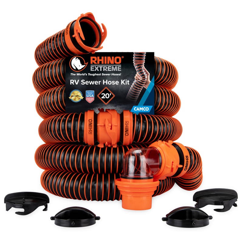 Camco RhinoEXTREME 20' RV Sewer Hose Kit â€“ Premium Sewer Kit â€” Pre-Assembled & Ready-to-Use â€” Includes 4-in-1 Dump Station Adapter & Storage Caps â€” Crush & Abrasion Resistant (21012) - Image 1