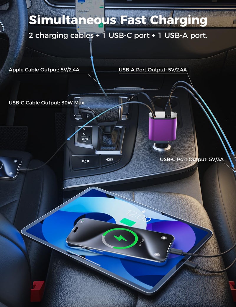 SUPERONE ã€Upgradedã€‘ SUPERONE Retractable Car Charger 4 in 1, Fast Car Phone Charger with Cord 2.6ft, USB C and Apple Car Charger Adapter, Compatible with iPhone 17/16/15/15 Pro Max/14/13/12/11, Galaxy, Pixel - Image 3