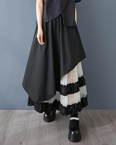 ellazhu Women's Skirt Loose Oversize Pleated High Elastic Waist Patchwork Mesh Side Pockets GZ660 Black - Image 3