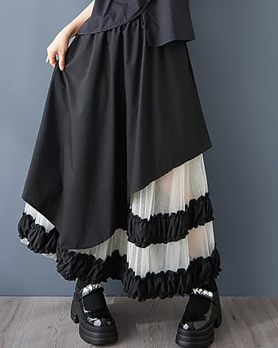 ellazhu Women's Skirt Loose Oversize Pleated High Elastic Waist Patchwork Mesh Side Pockets GZ660 Black - Image 2