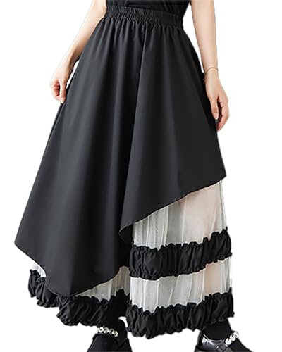ellazhu Women's Skirt Loose Oversize Pleated High Elastic Waist Patchwork Mesh Side Pockets GZ660 Black - Image 1