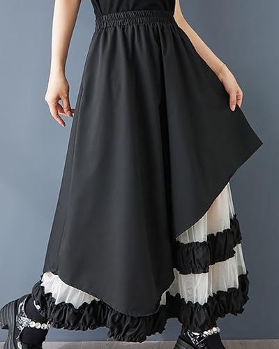 ellazhu Women's Skirt Loose Oversize Pleated High Elastic Waist Patchwork Mesh Side Pockets GZ660 Black - Image 5
