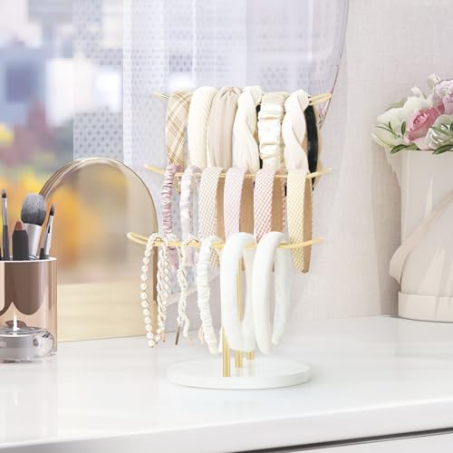 Dahey Headband Holder Organizer Metal 3-Tier Hair Hoop Display Stand Headband Organizer Storage Hair Ropes Accessories Bracelets Bangles Bedroom College Dorm Decor for Girls Women, Gold - Image 2