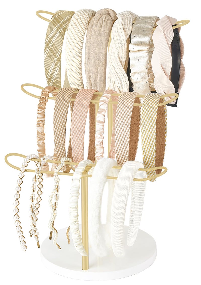 Dahey Headband Holder Organizer Metal 3-Tier Hair Hoop Display Stand Headband Organizer Storage Hair Ropes Accessories Bracelets Bangles Bedroom College Dorm Decor for Girls Women, Gold - Image 1