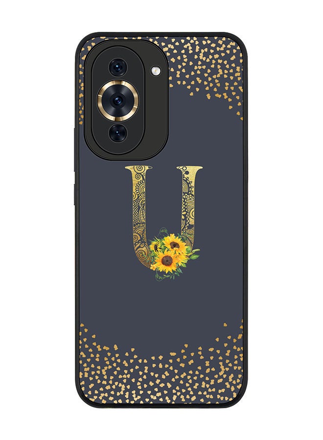 Stylizedd Rugged Black edge case for Huawei nova 10 Pro Slim fit Soft Case Flexible Rubber Edges Anti Drop TPU Gel Thin Cover - Custom Monogram Initial Letter Floral Pattern Alphabet - U (Grey ) - Image 1