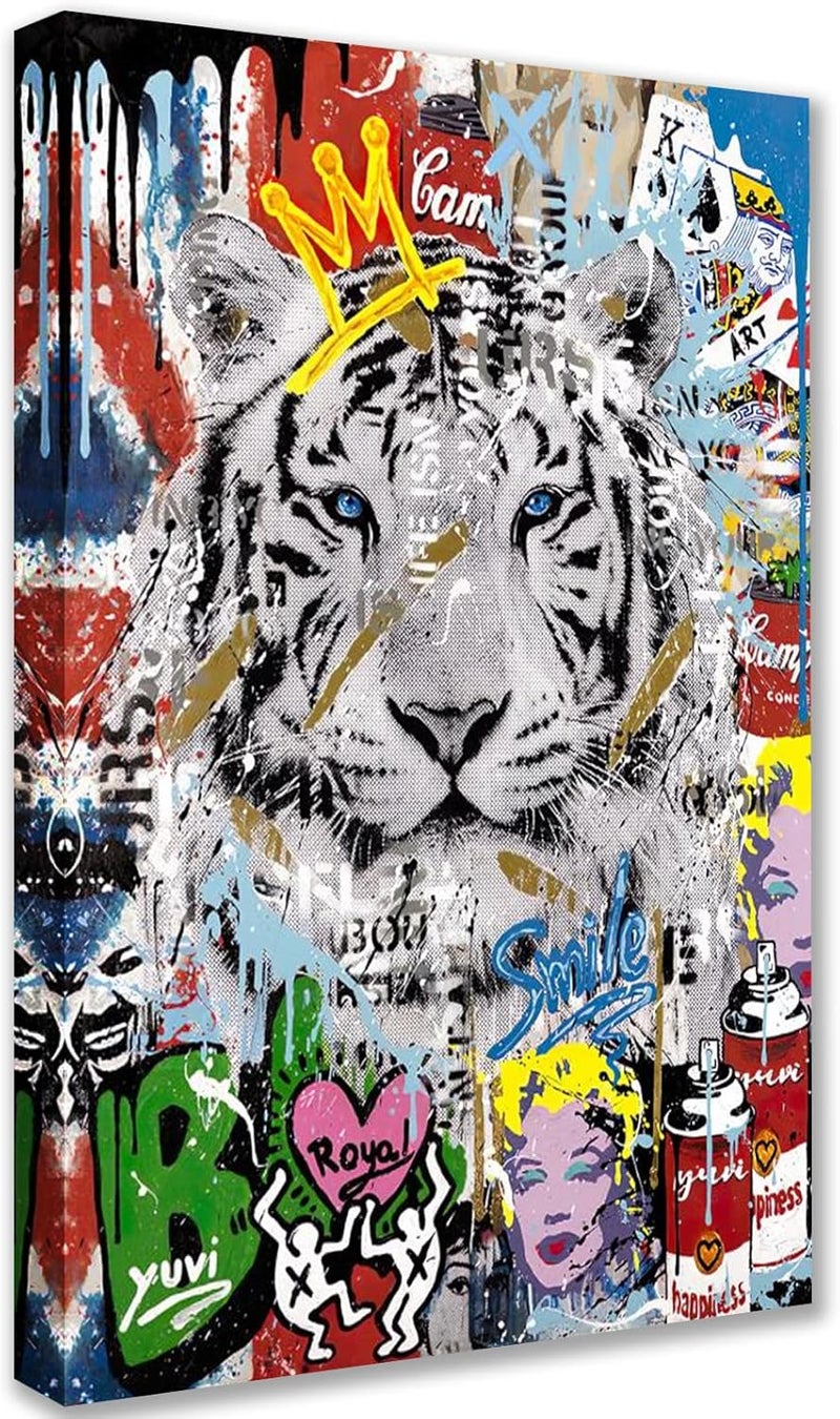 Tucocoo Tiger Graffiti Pictures Colorful Street Pop Art Paintings Banksy Canvas Wall Art Abstract Modern Artwork Home Decor for Living Room Bedroom Office Framed Ready to Hang 24x36 inch x1 Piece - Image 1