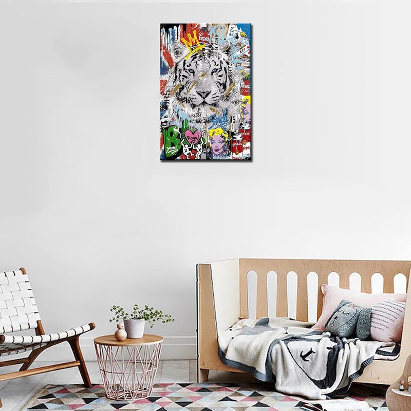 Tucocoo Tiger Graffiti Pictures Colorful Street Pop Art Paintings Banksy Canvas Wall Art Abstract Modern Artwork Home Decor for Living Room Bedroom Office Framed Ready to Hang 24x36 inch x1 Piece - Image 2