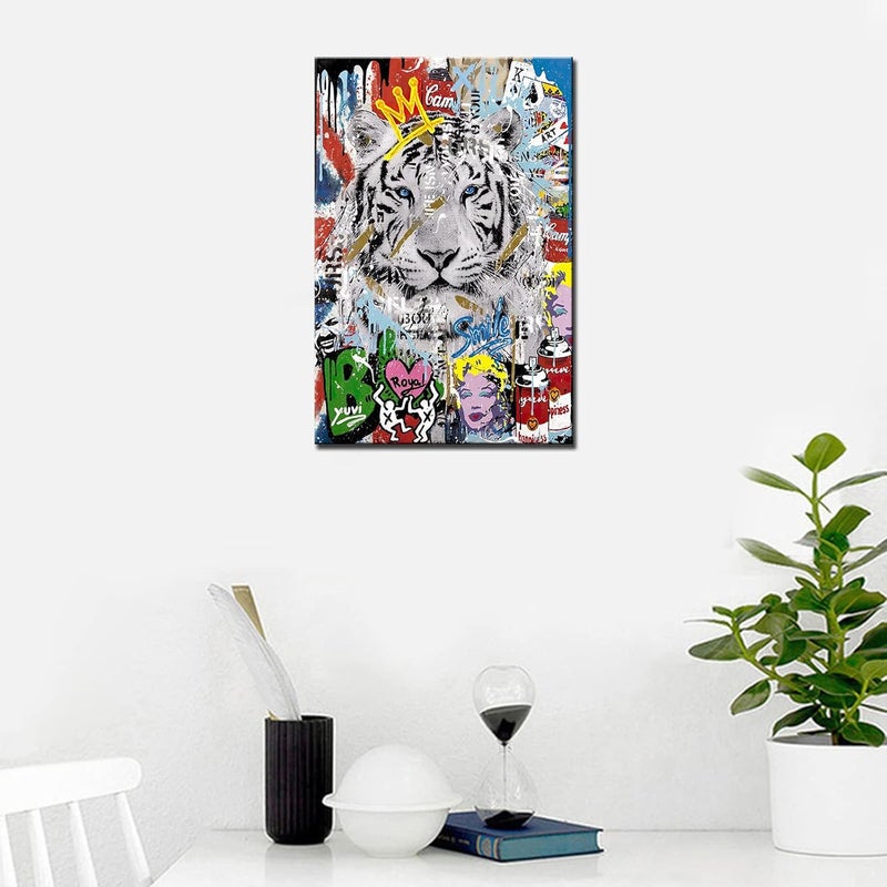 Tucocoo Tiger Graffiti Pictures Colorful Street Pop Art Paintings Banksy Canvas Wall Art Abstract Modern Artwork Home Decor for Living Room Bedroom Office Framed Ready to Hang 24x36 inch x1 Piece - Image 3
