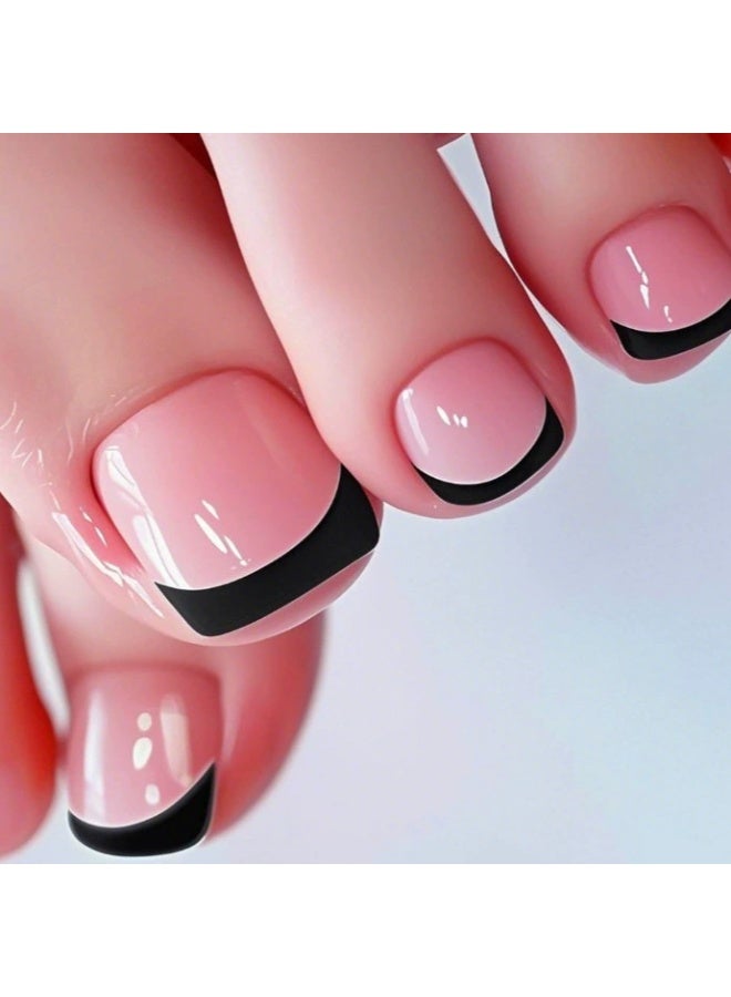 Goolsky Premium Short Square Toenail Press-ons with Pink & Black French Tips for Retro Chic - Image 1