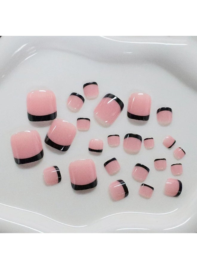 Goolsky Premium Short Square Toenail Press-ons with Pink & Black French Tips for Retro Chic - Image 2