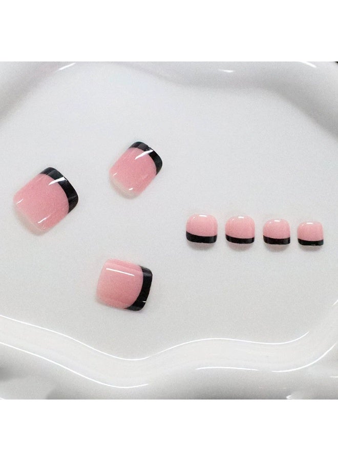 Goolsky Premium Short Square Toenail Press-ons with Pink & Black French Tips for Retro Chic - Image 5