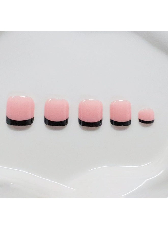 Goolsky Premium Short Square Toenail Press-ons with Pink & Black French Tips for Retro Chic - Image 4