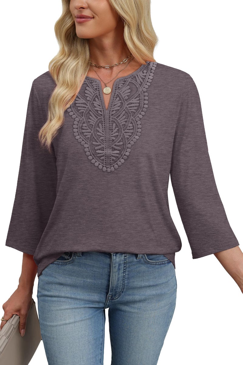 WIHOLL 3/4 Length Sleeve Womens Tops for Women Trendy Plus Size Womens Clothing V Neck T Shirts for Women Blouses Spring Top for Women 2026 Beach Vacation Clothes Lace Cute Tops Purple 2XL - Image 4