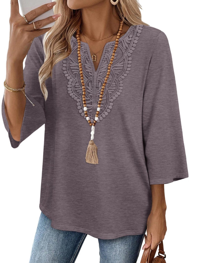 WIHOLL 3/4 Length Sleeve Womens Tops for Women Trendy Plus Size Womens Clothing V Neck T Shirts for Women Blouses Spring Top for Women 2026 Beach Vacation Clothes Lace Cute Tops Purple 2XL - Image 1