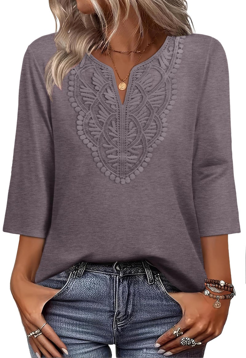 WIHOLL 3/4 Length Sleeve Womens Tops for Women Trendy Plus Size Womens Clothing V Neck T Shirts for Women Blouses Spring Top for Women 2026 Beach Vacation Clothes Lace Cute Tops Purple 2XL - Image 2