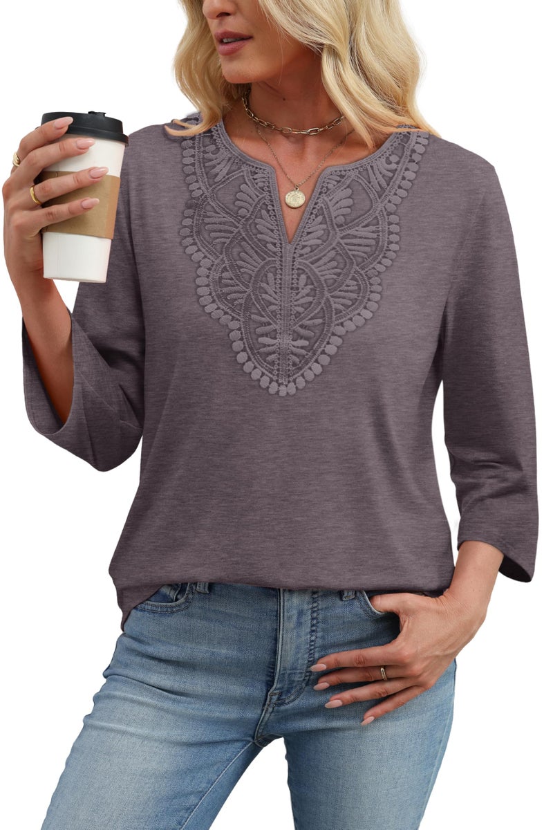 WIHOLL 3/4 Length Sleeve Womens Tops for Women Trendy Plus Size Womens Clothing V Neck T Shirts for Women Blouses Spring Top for Women 2026 Beach Vacation Clothes Lace Cute Tops Purple 2XL - Image 3