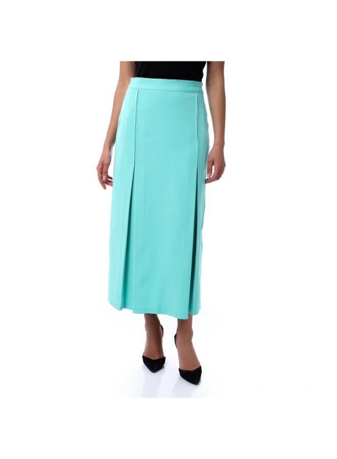 Esla Back Fly Zipper Button Closure Turqupise Plain Chic Long Skirt - Image 1