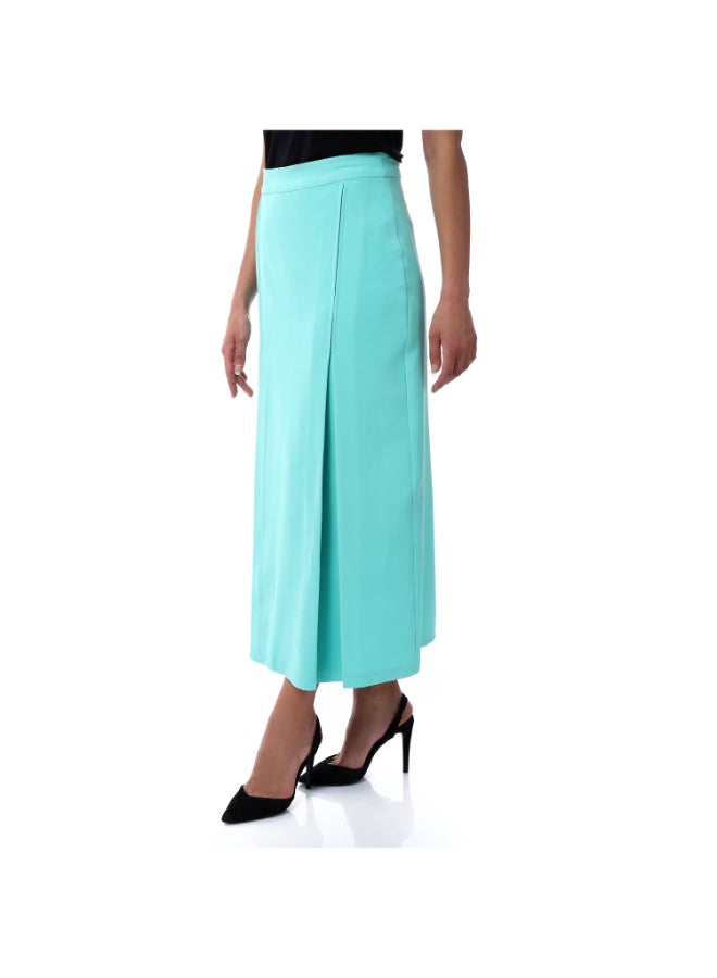 Esla Back Fly Zipper Button Closure Turqupise Plain Chic Long Skirt - Image 2
