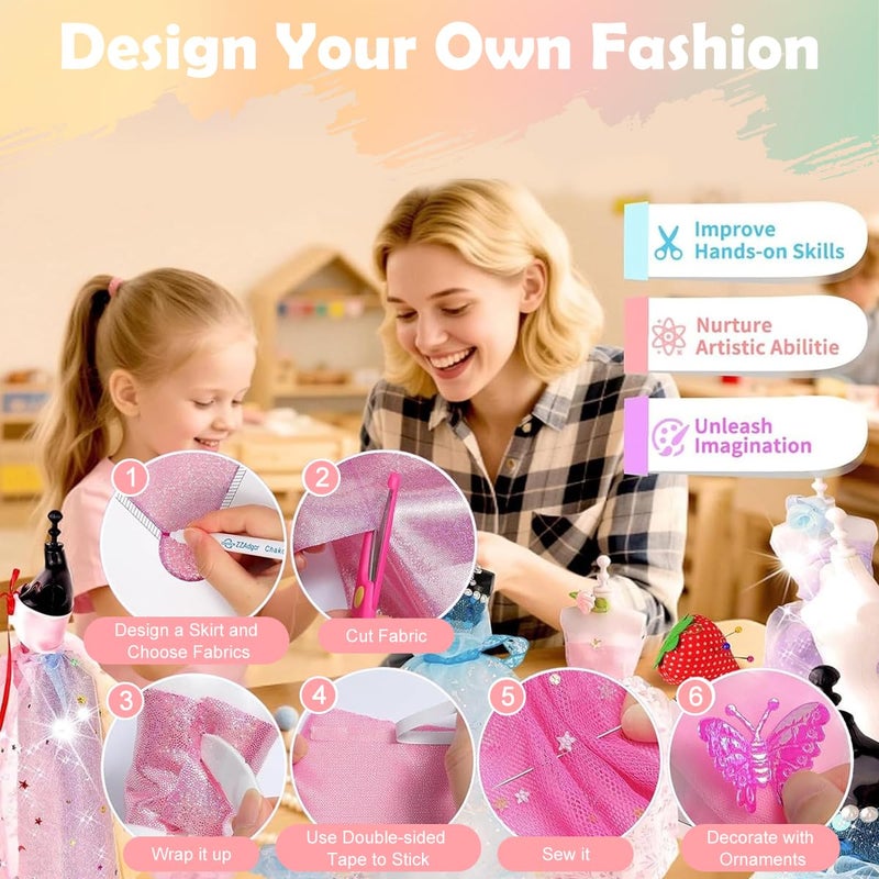 Patpat ® DIY Kids Sewing Kit Doll Set for Girls for Doll Clothes Includes Mini Mannequins, Assorted Charms, Craft Tools & Accessories, Hand Stitch Clothes Making Play Craft Kit for Girls 8-12 - Image 4