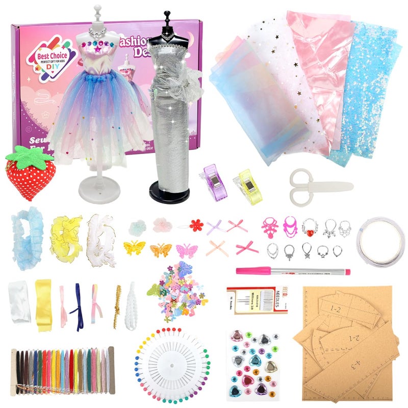 Patpat ® DIY Kids Sewing Kit Doll Set for Girls for Doll Clothes Includes Mini Mannequins, Assorted Charms, Craft Tools & Accessories, Hand Stitch Clothes Making Play Craft Kit for Girls 8-12 - Image 1