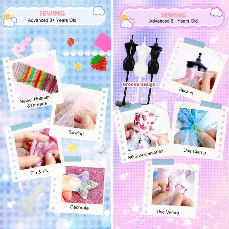 Patpat ® DIY Kids Sewing Kit Doll Set for Girls for Doll Clothes Includes Mini Mannequins, Assorted Charms, Craft Tools & Accessories, Hand Stitch Clothes Making Play Craft Kit for Girls 8-12 - Image 5
