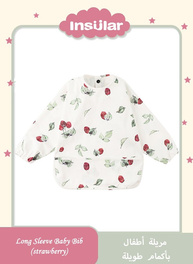 insular Long Sleeve Baby Bib, Waterproof Adjustable Smock with Cute Print, Full Coverage Feeding Coverall for Toddlers 6-54 Months(Strawberry) - Image 1