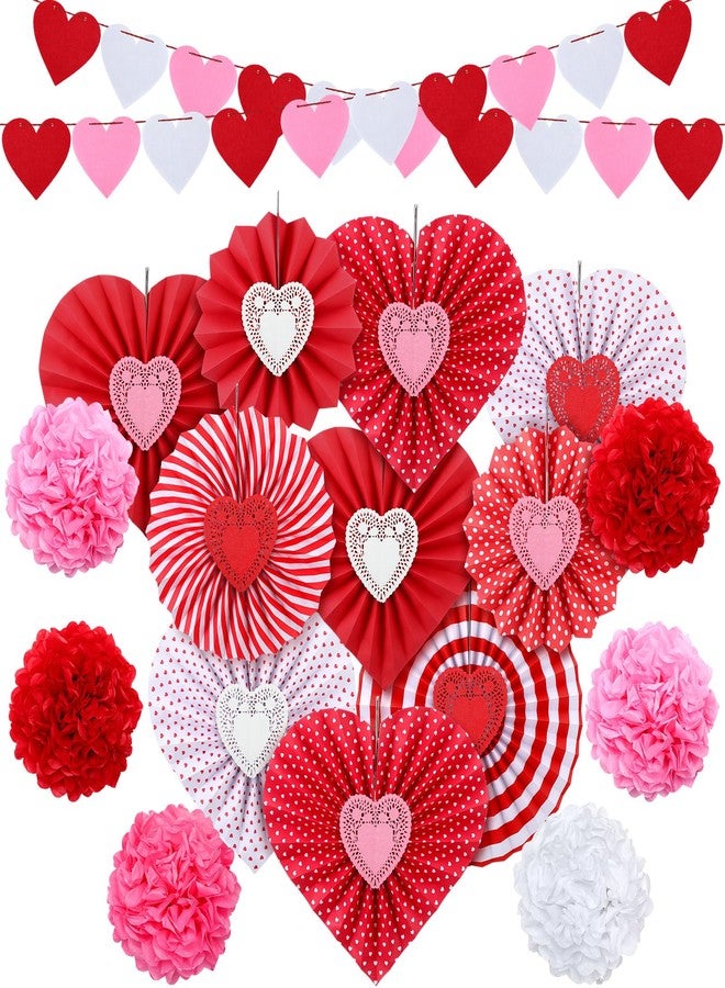 Tinlade Pack of 28 Valentines Day Party Decorations Kit Heart Hanging Paper Fans Banner Red Pink Pom poms for Valentines Day Wedding Anniversary Bridal Shower Party Photo Backdrops Decor - Image 1