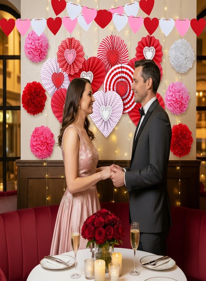 Tinlade Pack of 28 Valentines Day Party Decorations Kit Heart Hanging Paper Fans Banner Red Pink Pom poms for Valentines Day Wedding Anniversary Bridal Shower Party Photo Backdrops Decor - Image 5