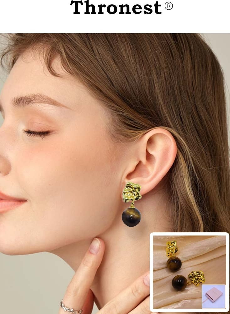 عرش سلسلة أمي ， أقراط ذهبية متدلية من الذهب مع أحجار عين النمر الكريمة ， أقراط قلادة واقية فاخرة للارتداء اليومي ， حفلات الزفاف ， حفلات الزفاف ， هدايا عيد الأم - Image 1