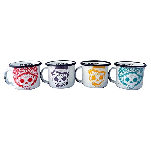 BY MEXICO Los Catrines Mini Pocillo de Peltre, 2.7 oz. White Skeleton Mugs - Set of 4 - Image 1