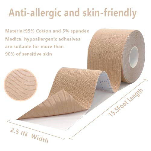 SOON GO Kinesiology Tape Pro 1/2 /5 Rolls, 2 Inch High Elasticity Sports Tape Therapeutic Pain Relief–Physio Tape for Muscle Recovery & Joint Support, Waterproof & Hypoallergenic & Breathable–Beige - Image 2