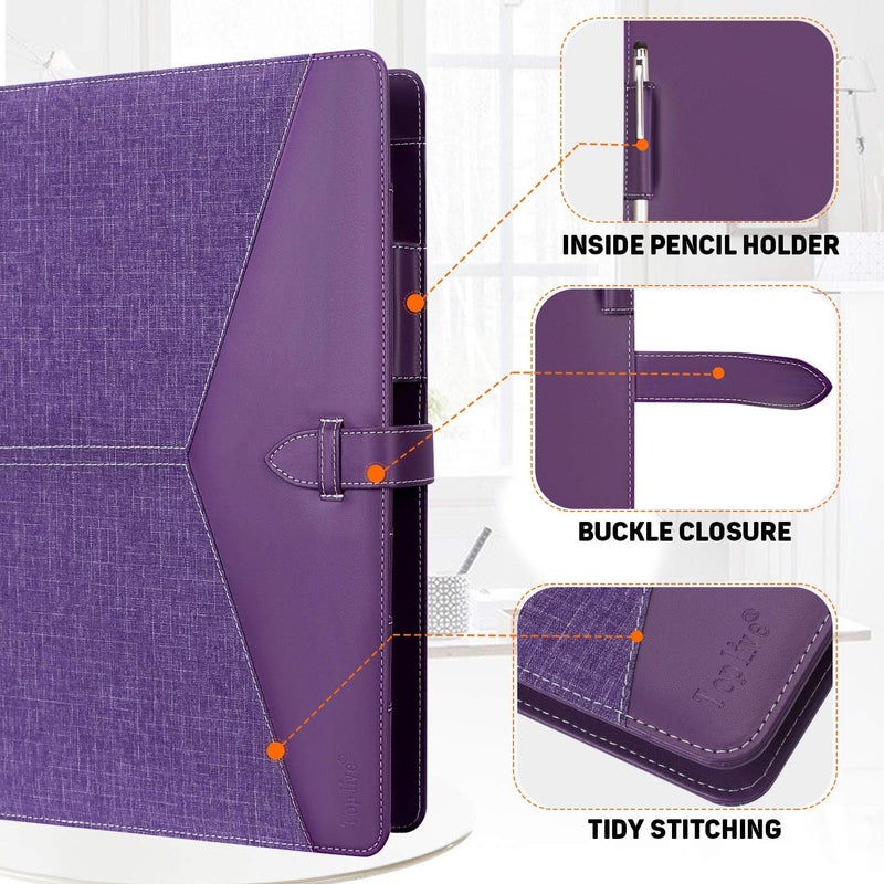 Toplive Padfolio 3 Ring Binder Organizer Business Portfolio Folder for Women, A4/ Letter Size PU Leather Portfolio Padfolio for Interview Conference Presentation, Purple - Image 4