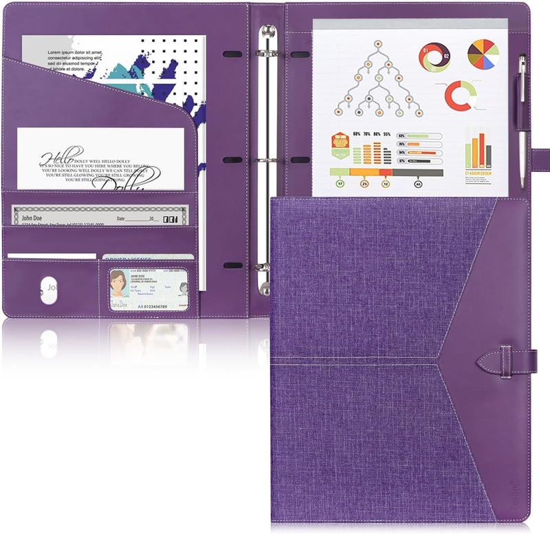 Toplive Padfolio 3 Ring Binder Organizer Business Portfolio Folder for Women, A4/ Letter Size PU Leather Portfolio Padfolio for Interview Conference Presentation, Purple - Image 1