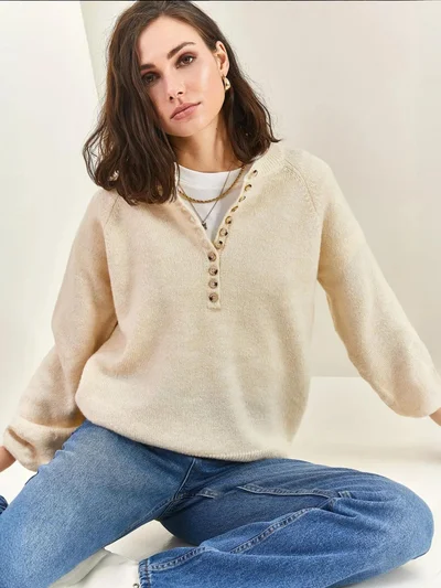 Bianco Lucci Button Collar Relaxed Fit Knit Sweater