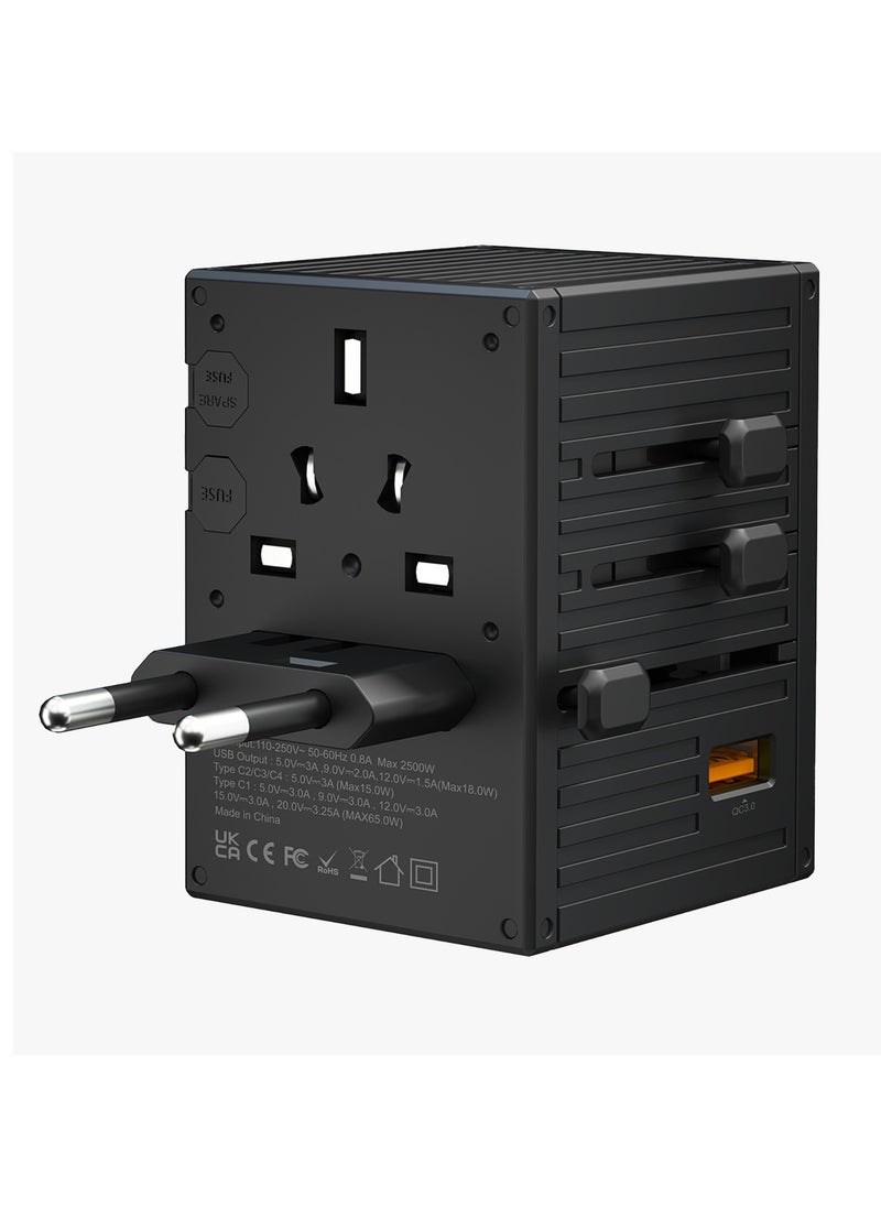 porodo - GaN 5-Port Travel Block Universal Charger 2500W/ 4 USB-C/ 1 USB-A / UK/EU/US & AU Plugs / Built-in Safeguards/ 150+ Countries / Dual Fuse / PD 65W / Compact and Travel Friendly Wall Charger - Black - Image 1
