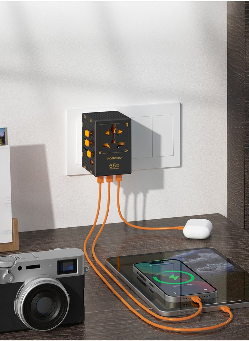 porodo - GaN 5-Port Travel Block Universal Charger 2500W/ 4 USB-C/ 1 USB-A / UK/EU/US & AU Plugs / Built-in Safeguards/ 150+ Countries / Dual Fuse / PD 65W / Compact and Travel Friendly Wall Charger - Black - Image 1
