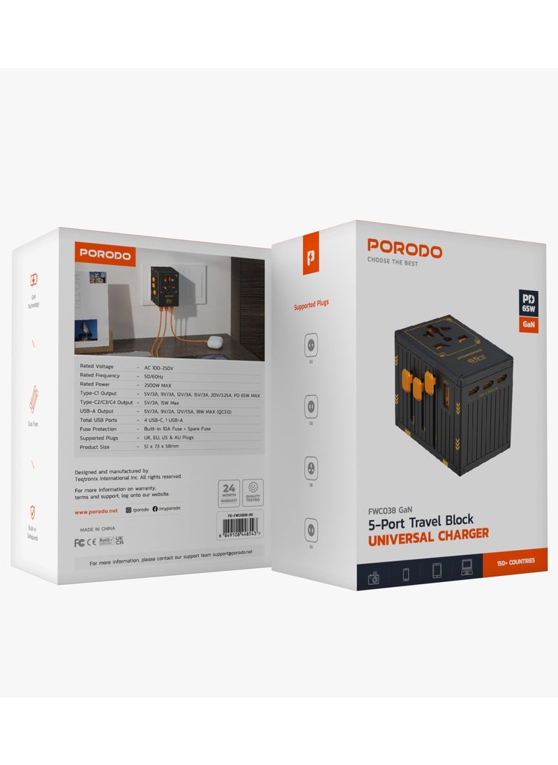porodo - GaN 5-Port Travel Block Universal Charger 2500W/ 4 USB-C/ 1 USB-A / UK/EU/US & AU Plugs / Built-in Safeguards/ 150+ Countries / Dual Fuse / PD 65W / Compact and Travel Friendly Wall Charger - Black - Image 1
