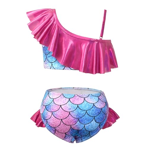 CHILDRENSTAR One Shoulder Bikinis for Little Girls Blue Mermaid Swimsuits Metallic Ruffles Bathing Suits Swimwear,4t 5t - Image 3