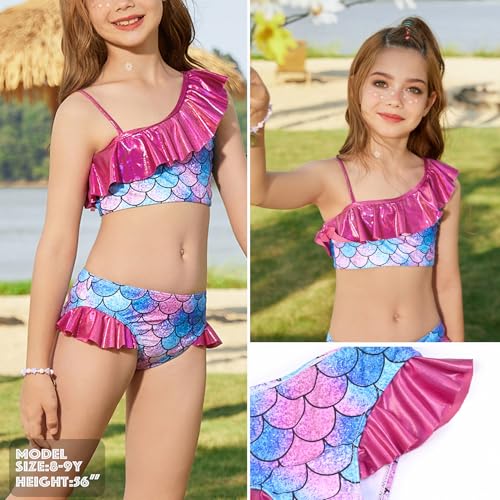 CHILDRENSTAR One Shoulder Bikinis for Little Girls Blue Mermaid Swimsuits Metallic Ruffles Bathing Suits Swimwear,4t 5t - Image 2